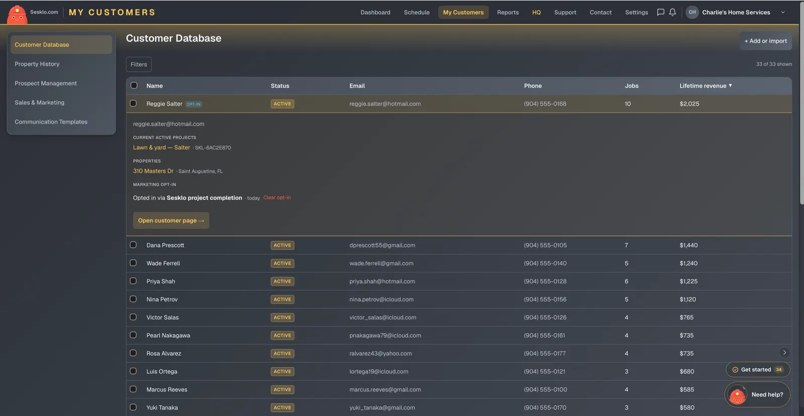 Your customer database on web and in the mobile app — every customer, their status, and lifetime revenue in one place, with active projects and marketing opt-in a click away
