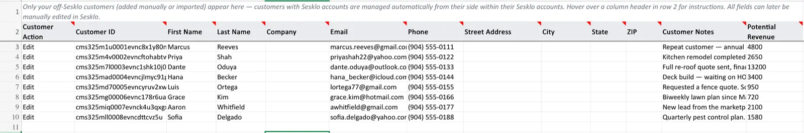 The customer import spreadsheet — pre-filled with your existing customers, ready to edit in Excel and upload back