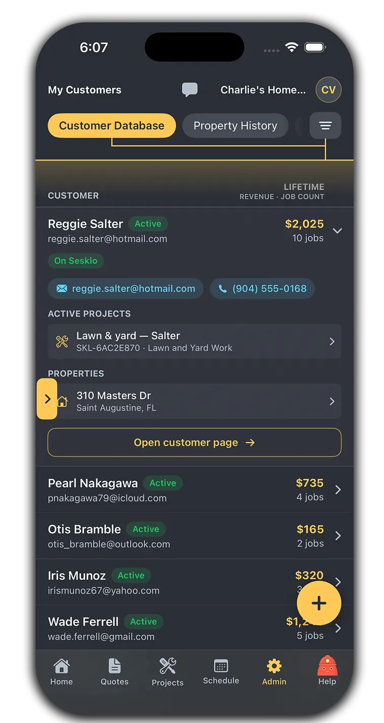 Your customer database on web and in the mobile app — every customer, their status, and lifetime revenue in one place, with active projects and marketing opt-in a click away — mobile app