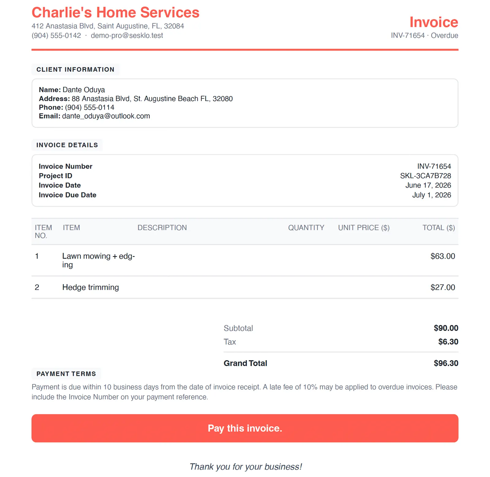The branded invoice your customer receives — one tap to pay by card or bank transfer