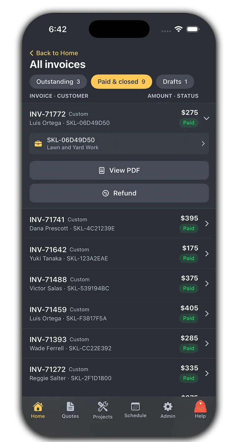 Every invoice in one place on web and in the mobile app — outstanding, paid, and overdue at a glance, with one-tap actions — mobile app