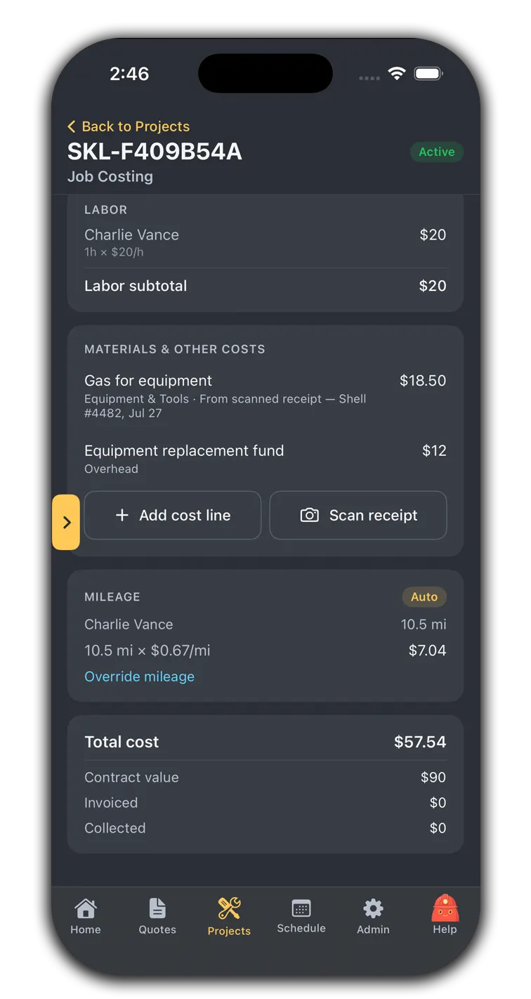 Job costing in the mobile app — labor, receipt-scanned cost lines, and auto mileage from the field