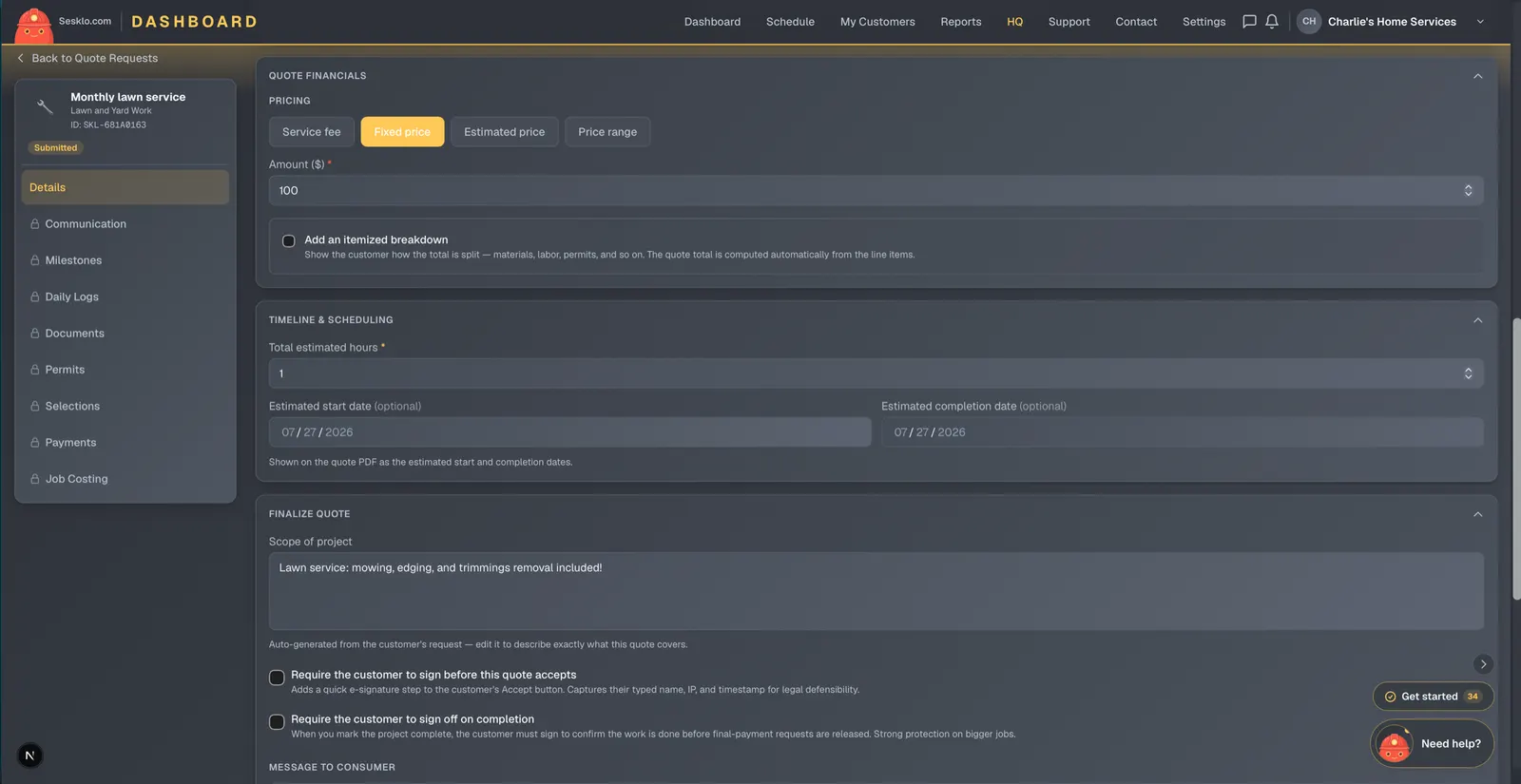 Building a quote — pricing, timeline, scope, and e-signature requirements in one pass