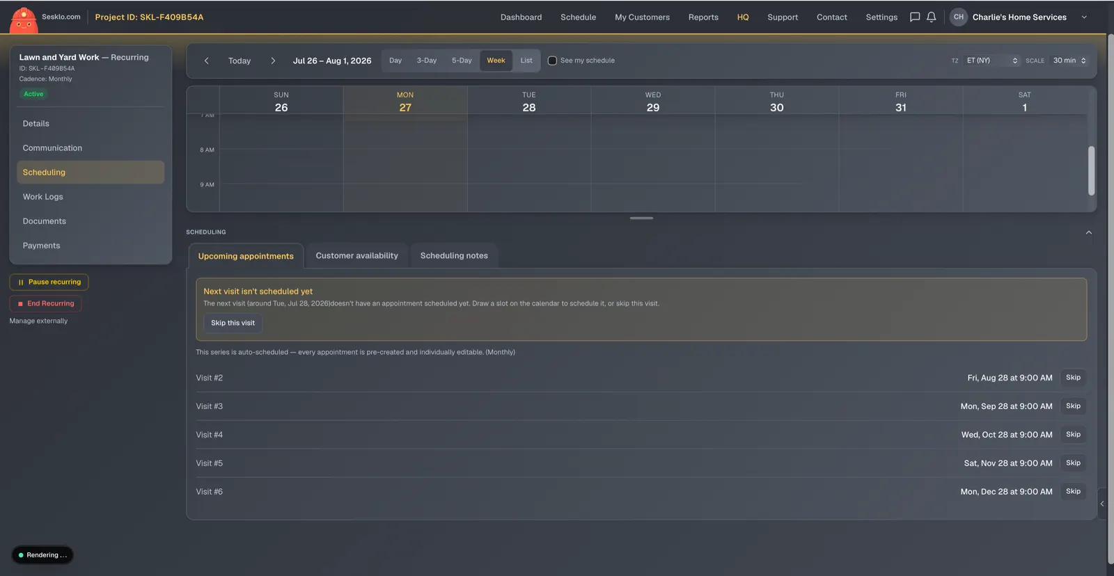 A monthly recurring service — the whole visit series pre-created, each appointment individually editable or skippable