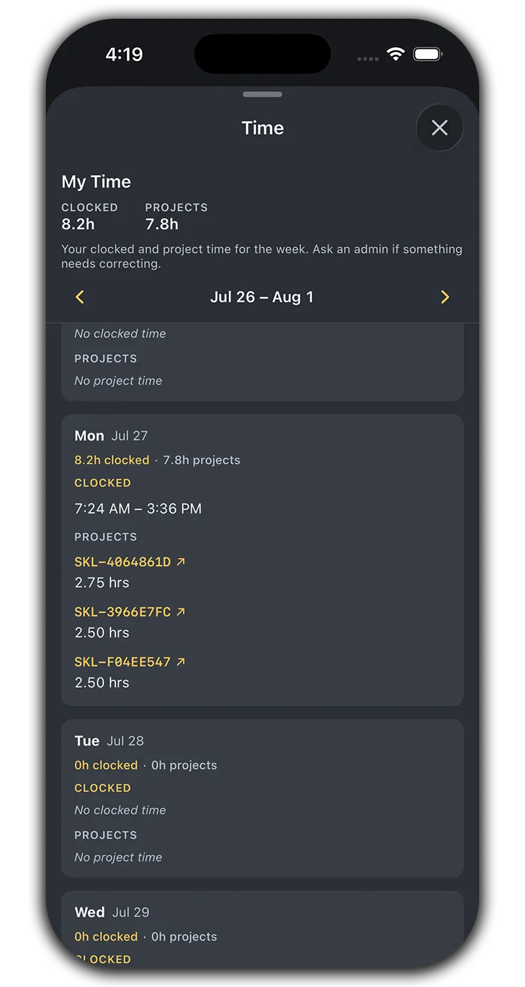A crew member's week in the app — clocked hours and per-project time, day by day